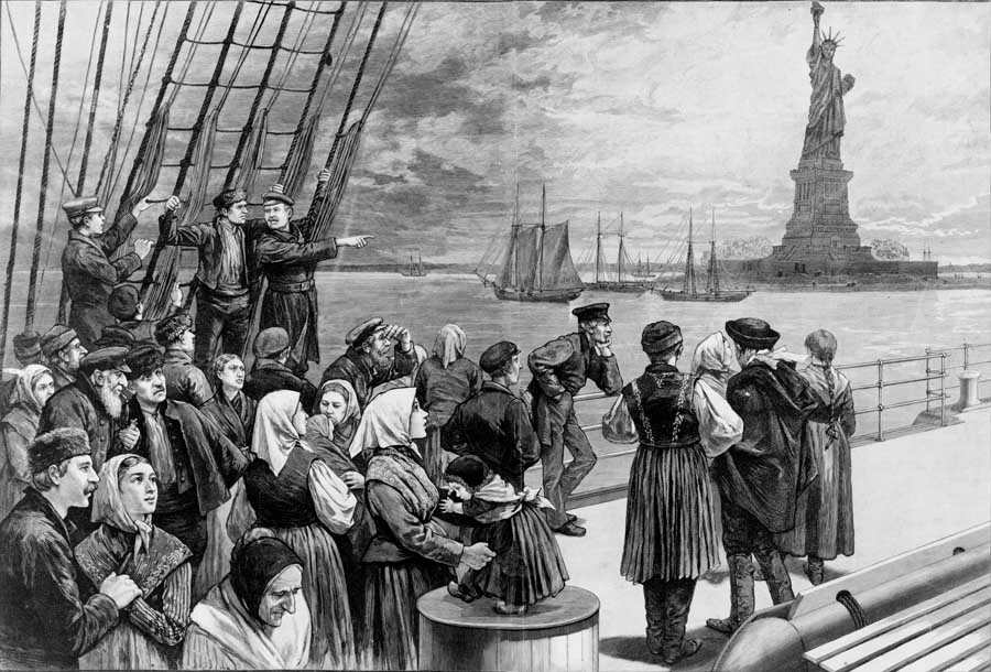 The Statue of Liberty was the first structure on American land that immigrants saw when their ship approached New York Harbor. It served as a beacon of hope. Credit: Left: Wood engraving published in Frank Leslie’s illustrated newspaper July 2, 1887, pp. 324-325. Library of Congress, Prints and Photographs Division [reproduction number LC-USZC2-1255]; right: ©1894 J.S. Johnston, N.Y. Library of Congress, Prints and Photographs Division [reproduction number LC-USZ62-40098].