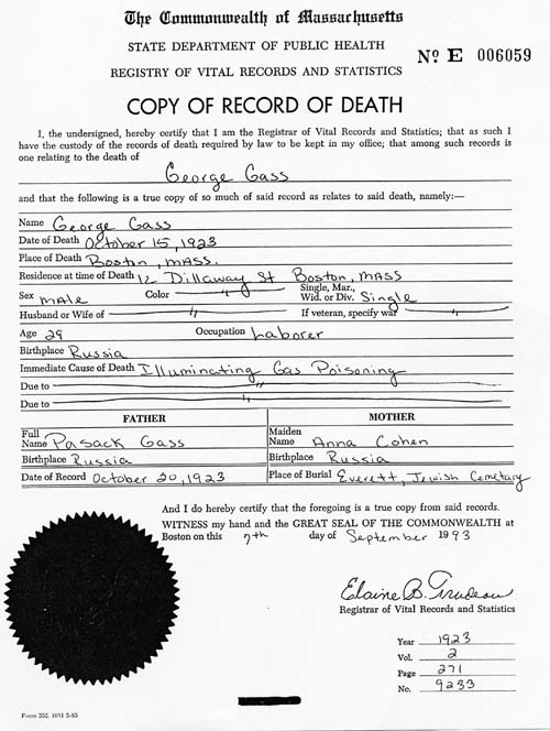 George Gass's death certificate